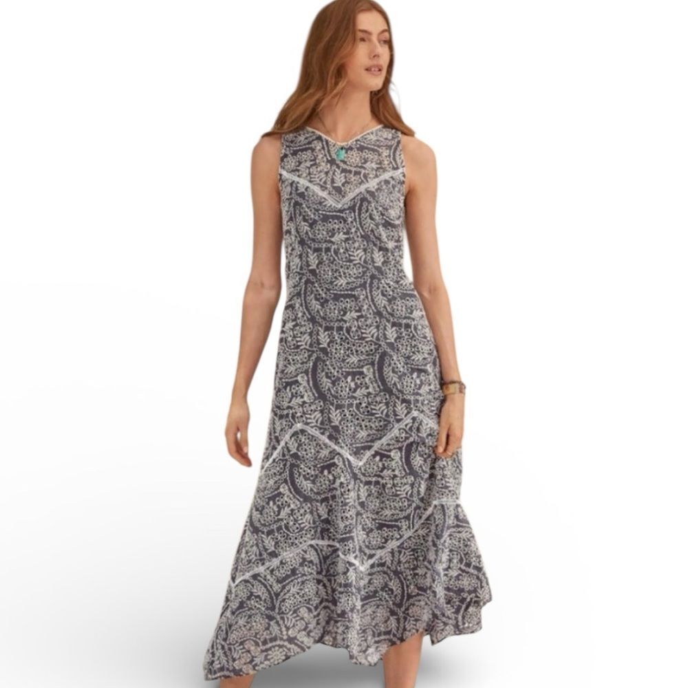 Sundance Marceline Blue and White Paisley Eyelet Lace Midi Dress